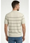 Erkek T-shirt Çizgili Triko Dokuma Kumaş Polo Yaka Yarım Fermuarlı Regular Kalıp Tişört - Bej