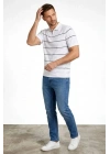Erkek T-shirt Çizgili Triko Dokuma Kumaş Polo Yaka Yarım Fermuarlı Regular Kalıp Tişört - Beyaz