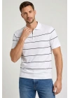 Erkek T-shirt Çizgili Triko Dokuma Kumaş Polo Yaka Yarım Fermuarlı Regular Kalıp Tişört - Beyaz