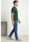 Erkek T-shirt Çizgili Triko Dokuma Kumaş Polo Yaka Yarım Fermuarlı Regular Kalıp Tişört - Çağla Yeşili