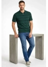 Erkek T-shirt Çizgili Triko Dokuma Kumaş Polo Yaka Yarım Fermuarlı Regular Kalıp Tişört - Çağla Yeşili