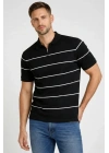 Erkek T-shirt Çizgili Triko Dokuma Kumaş Polo Yaka Yarım Fermuarlı Regular Kalıp Tişört - Siyah