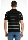 Erkek T-shirt Çizgili Triko Dokuma Kumaş Polo Yaka Yarım Fermuarlı Regular Kalıp Tişört - Siyah