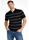 Erkek T-shirt Çizgili Triko Dokuma Kumaş Polo Yaka Yarım Fermuarlı Regular Kalıp Tişört - Siyah