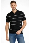 Erkek T-shirt Çizgili Triko Dokuma Kumaş Polo Yaka Yarım Fermuarlı Regular Kalıp Tişört - Siyah