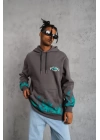Erkek Üç İplik İçi Pamuklu Alev Baskılı Kapüşonlu Sweatshirt - Gri