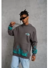 Erkek Üç İplik İçi Pamuklu Alev Baskılı Kapüşonlu Sweatshirt - Gri