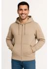 Erkek Üç İplik Kapüşonlu Tam Fermuarlı Kanguru Çepli SweatShirt Hoodie - Bej