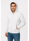 Erkek Üç İplik Kapüşonlu Tam Fermuarlı Kanguru Çepli SweatShirt Hoodie - Beyaz