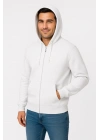 Erkek Üç İplik Kapüşonlu Tam Fermuarlı Kanguru Çepli SweatShirt Hoodie - Beyaz