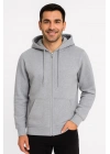 Erkek Üç İplik Kapüşonlu Tam Fermuarlı Kanguru Çepli SweatShirt Hoodie - Gri