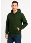 Erkek Üç İplik Kapüşonlu Tam Fermuarlı Kanguru Çepli SweatShirt Hoodie - Haki