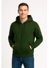 Erkek Üç İplik Kapüşonlu Tam Fermuarlı Kanguru Çepli SweatShirt Hoodie - Haki