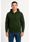 Erkek Üç İplik Kapüşonlu Tam Fermuarlı Kanguru Çepli SweatShirt Hoodie - Haki