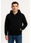 Erkek Üç İplik Kapüşonlu Tam Fermuarlı Kanguru Çepli SweatShirt Hoodie - Siyah