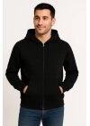 Erkek Üç İplik Kapüşonlu Tam Fermuarlı Kanguru Çepli SweatShirt Hoodie - Siyah