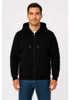 Erkek Üç İplik Kapüşonlu Tam Fermuarlı Kanguru Çepli SweatShirt Hoodie - Siyah