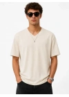 Erkek V Yaka Basic Tişört Kısa Kol Yazlık Regular Fit T-Shirt - Bej