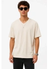 Erkek V Yaka Basic Tişört Kısa Kol Yazlık Regular Fit T-Shirt - Bej