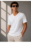 Erkek V Yaka Basic Tişört Kısa Kol Yazlık Regular Fit T-Shirt - Beyaz