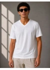 Erkek V Yaka Basic Tişört Kısa Kol Yazlık Regular Fit T-Shirt - Beyaz