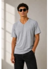 Erkek V Yaka Basic Tişört Kısa Kol Yazlık Regular Fit T-Shirt - Gri