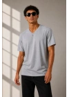Erkek V Yaka Basic Tişört Kısa Kol Yazlık Regular Fit T-Shirt - Gri