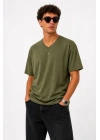 Erkek V Yaka Basic Tişört Kısa Kol Yazlık Regular Fit T-Shirt - Haki
