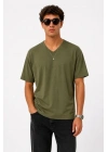 Erkek V Yaka Basic Tişört Kısa Kol Yazlık Regular Fit T-Shirt - Haki