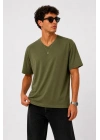 Erkek V Yaka Basic Tişört Kısa Kol Yazlık Regular Fit T-Shirt - Haki