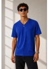Erkek V Yaka Basic Tişört Kısa Kol Yazlık Regular Fit T-Shirt - Saks Mavisi