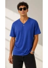 Erkek V Yaka Basic Tişört Kısa Kol Yazlık Regular Fit T-Shirt - Saks Mavisi