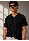 Erkek V Yaka Basic Tişört Kısa Kol Yazlık Regular Fit T-Shirt - Siyah