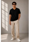 Erkek V Yaka Basic Tişört Kısa Kol Yazlık Regular Fit T-Shirt - Siyah