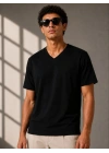 Erkek V Yaka Basic Tişört Kısa Kol Yazlık Regular Fit T-Shirt - Siyah