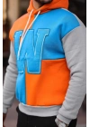 Erkek W Nakış İşlemeli Kapüşonlu Sweatshirt - Mavi