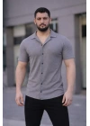Erkek Waffle Kumaş Kısa Kollu Düğmeli Açık Yaka Regular Fit Gömlek - Gri