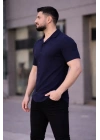 Erkek Waffle Kumaş Kısa Kollu Düğmeli Açık Yaka Regular Fit Gömlek - Lacivert