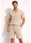Erkek Waffle Kumaş Kısa Kollu Gömlek Şort Takım Regular Fit Yazlık İkili Set - Bej