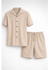 Erkek Waffle Kumaş Kısa Kollu Gömlek Şort Takım Regular Fit Yazlık İkili Set - Bej