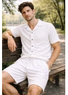 Erkek Waffle Kumaş Kısa Kollu Gömlek Şort Takım Regular Fit Yazlık İkili Set - Beyaz