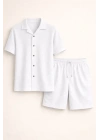 Erkek Waffle Kumaş Kısa Kollu Gömlek Şort Takım Regular Fit Yazlık İkili Set - Beyaz
