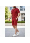 Erkek Waffle Kumaş Kısa Kollu Gömlek Şort Takım Regular Fit Yazlık İkili Set - Bordo