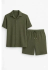 Erkek Waffle Kumaş Kısa Kollu Gömlek Şort Takım Regular Fit Yazlık İkili Set - Haki