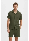 Erkek Waffle Kumaş Kısa Kollu Gömlek Şort Takım Regular Fit Yazlık İkili Set - Haki
