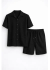 Erkek Waffle Kumaş Kısa Kollu Gömlek Şort Takım Regular Fit Yazlık İkili Set - Siyah
