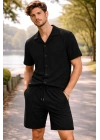 Erkek Waffle Kumaş Kısa Kollu Gömlek Şort Takım Regular Fit Yazlık İkili Set - Siyah