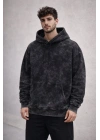 Erkek Yağ Yıkamalı Kapşonlu Double Oversize Üç İplik Pamuklu Sweatshirt - Siyah
