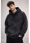 Erkek Yağ Yıkamalı Kapşonlu Double Oversize Üç İplik Pamuklu Sweatshirt - Siyah