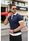 Erkek Yaka Ve Kol Detaylı Fermuar Yakalı Çizgi Desen Kısa Kollu Triko Tişört